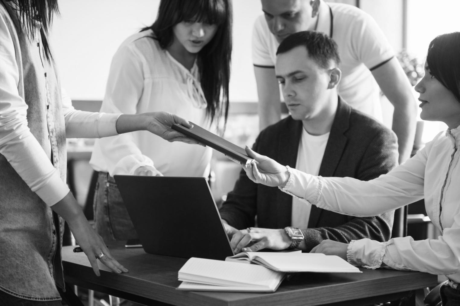 Team working with financial analysis software in modern office environment